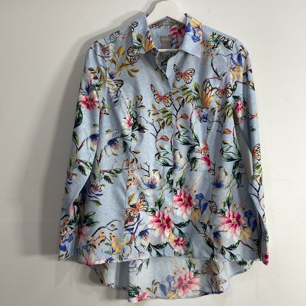 Chico's No Iron Top Butterfly Print Floral Art to Wear Size 4/6